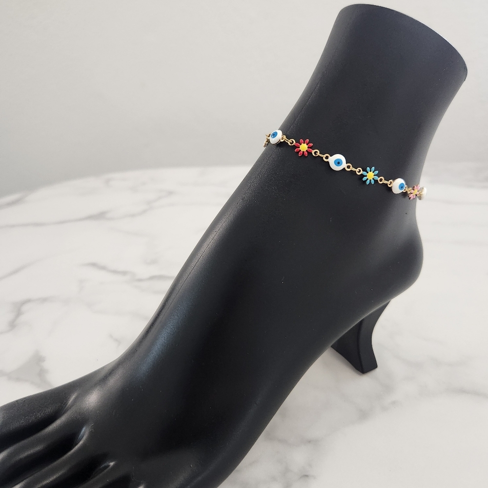 Multi Color Stainless Steel Floral Evil Eye Charm Anklet Summer Accesories - Picture 5 of 16